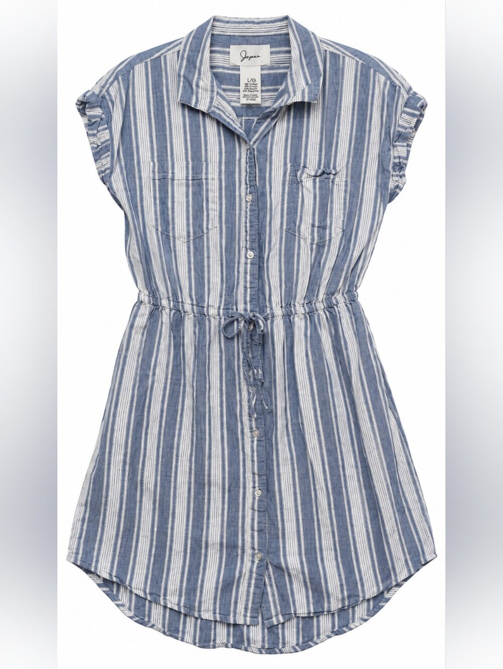 Japna . Blue and White Striped Kids Drawstring Shirt Dress Elastic Waist Band